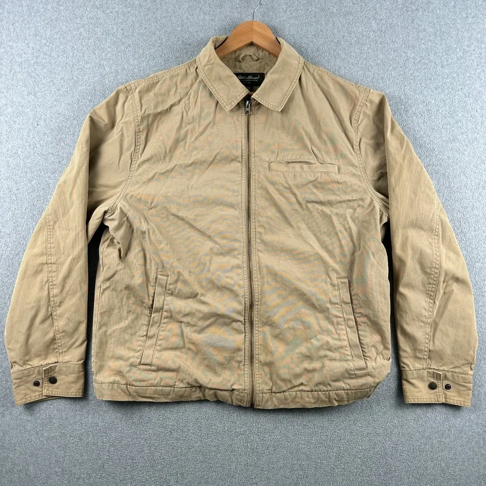 Eddie Bauer Jacket Mens L Tan‎ Canvas Full Zip Corduroy Lined Workwear Outdoor